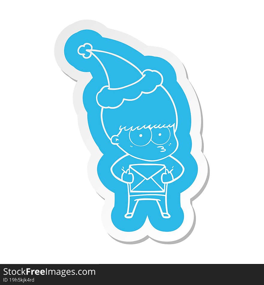 Nervous Cartoon  Sticker Of A Boy Wearing Santa Hat