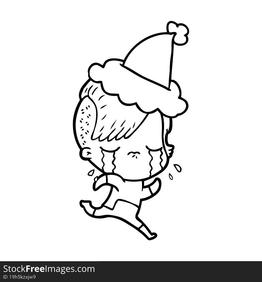 Line Drawing Of A Crying Girl Wearing Space Clothes Wearing Santa Hat