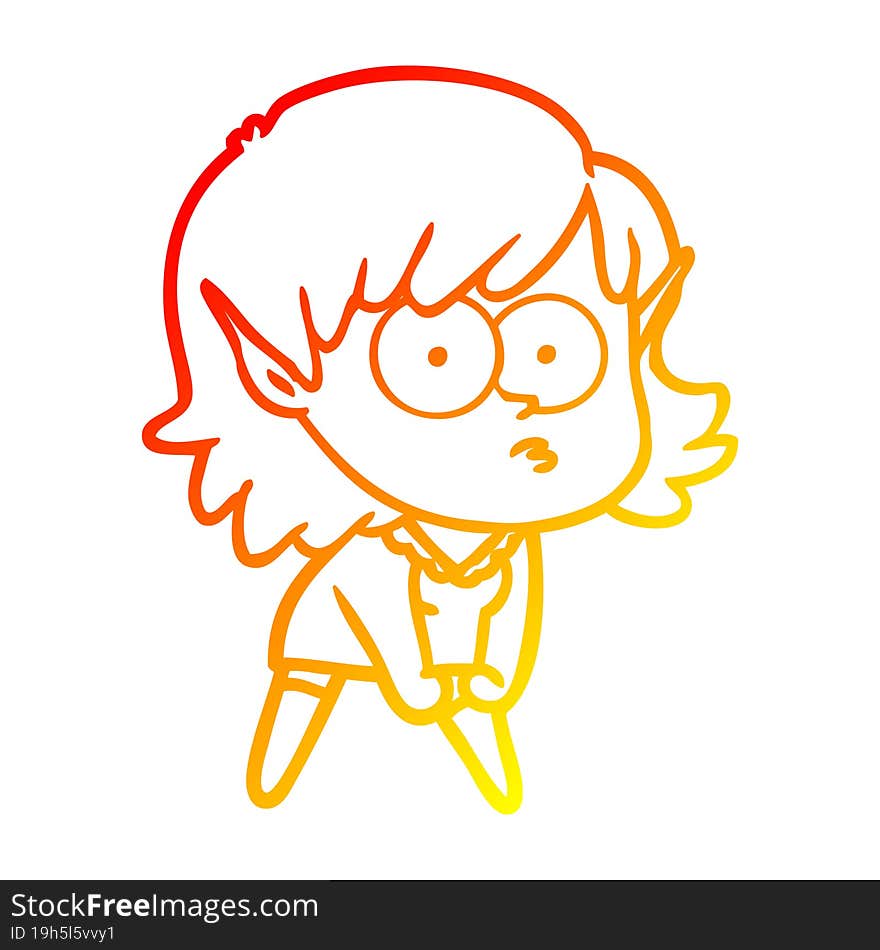 warm gradient line drawing cartoon elf girl staring and crouching