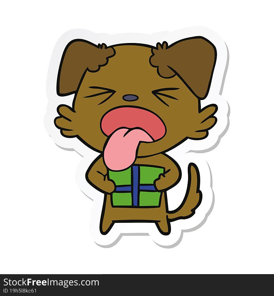 sticker of a cartoon dog with christmas present