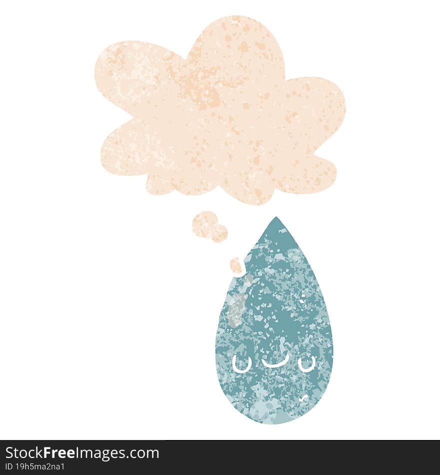 cartoon cute raindrop and thought bubble in retro textured style