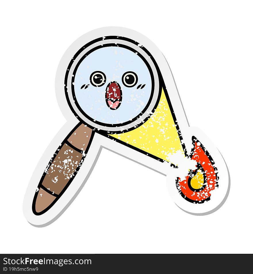 distressed sticker of a cute cartoon magnifying glass