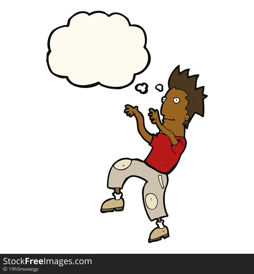 cartoon happy man doing funny dance with thought bubble