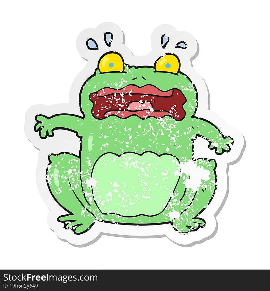 retro distressed sticker of a cartoon funny frightened frog