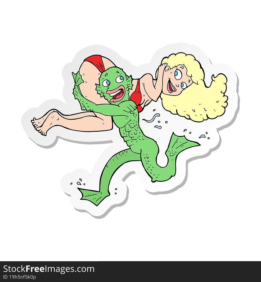 sticker of a cartoon swamp monster carrying girl in bikini