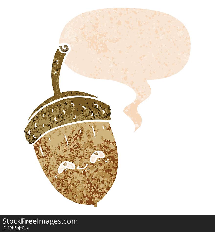 cartoon acorn and speech bubble in retro textured style