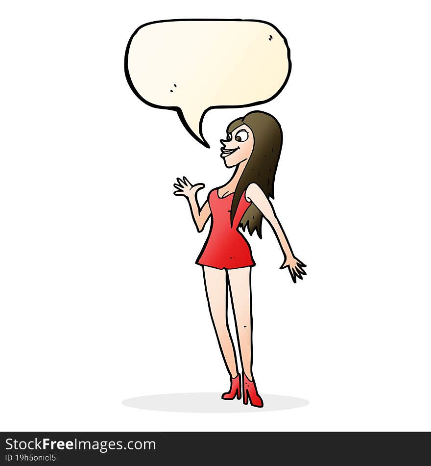 cartoon woman in pink dress with speech bubble