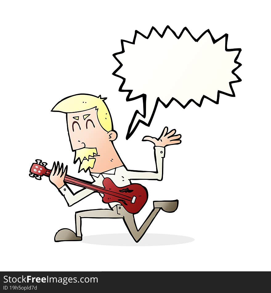 cartoon man playing electric guitar with speech bubble