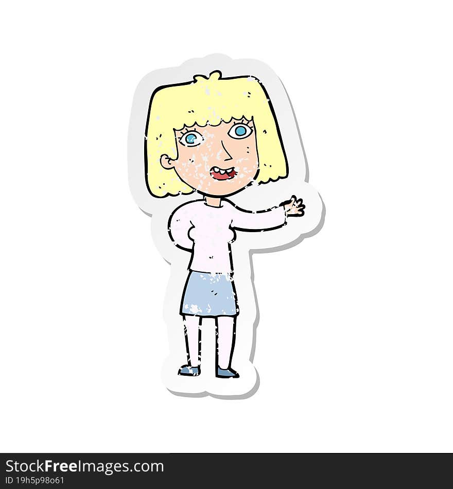 Retro Distressed Sticker Of A Cartoon Friendly Woman Waving