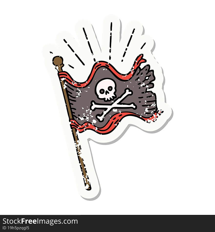 grunge sticker of tattoo style waving pirate flag