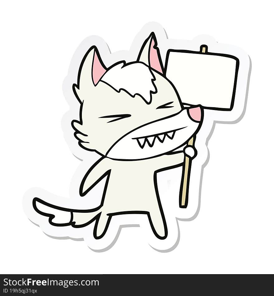 sticker of a angry wolf cartoon with placard