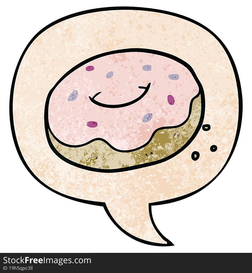 cartoon donut and sprinkles and speech bubble in retro texture style