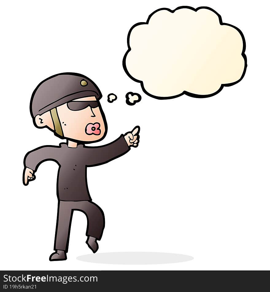 cartoon man in bike helmet pointing with thought bubble