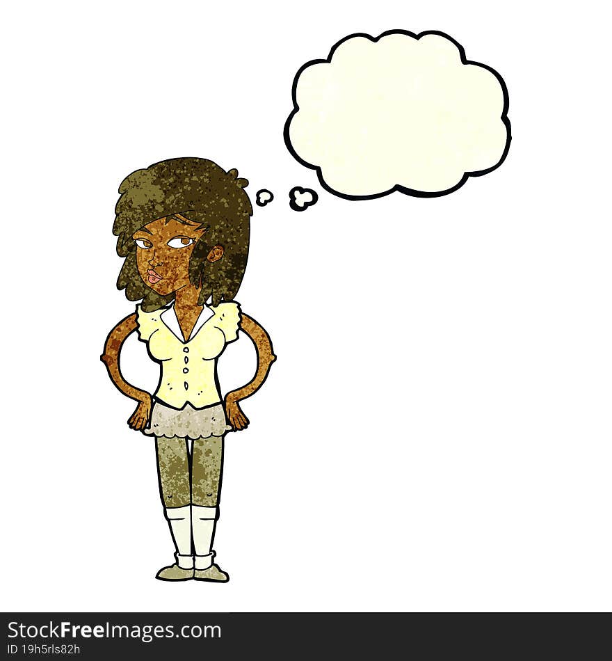 cartoon pretty woman with hands on hips with thought bubble