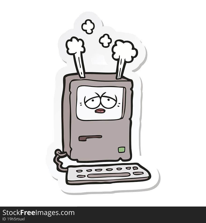 Sticker Of A Cartoon Tired Computer Overheating