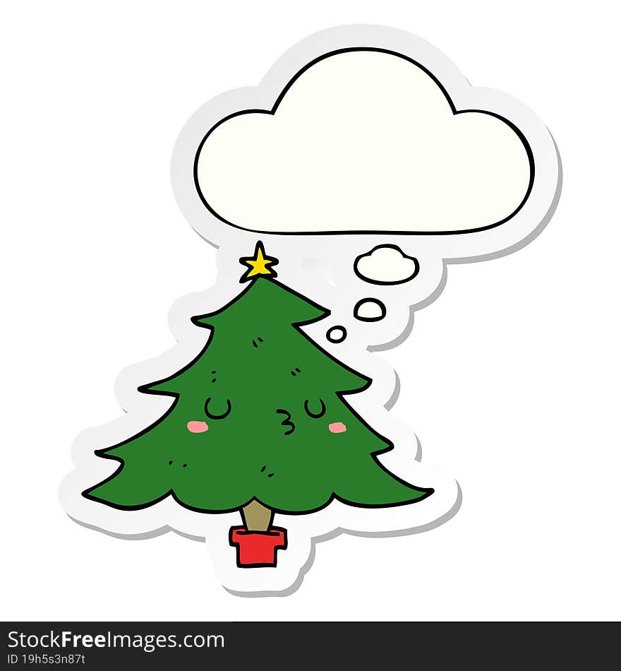 cute cartoon christmas tree with thought bubble as a printed sticker