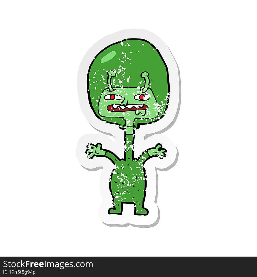 retro distressed sticker of a cartoon space alien