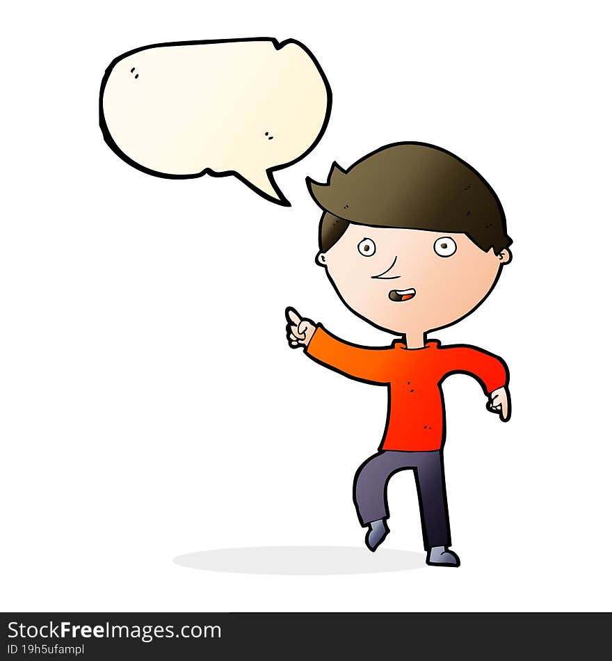 cartoon happy pointing with speech bubble