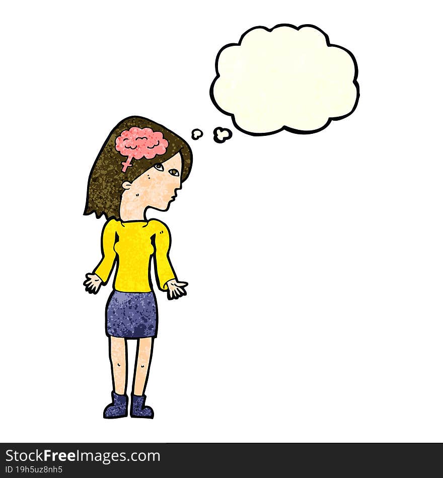 cartoon clever woman shrugging shoulders with thought bubble