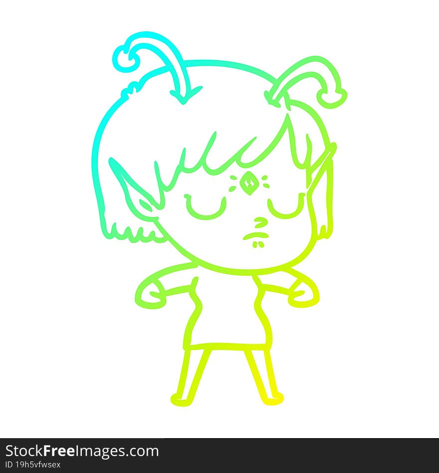 cold gradient line drawing of a cartoon alien girl