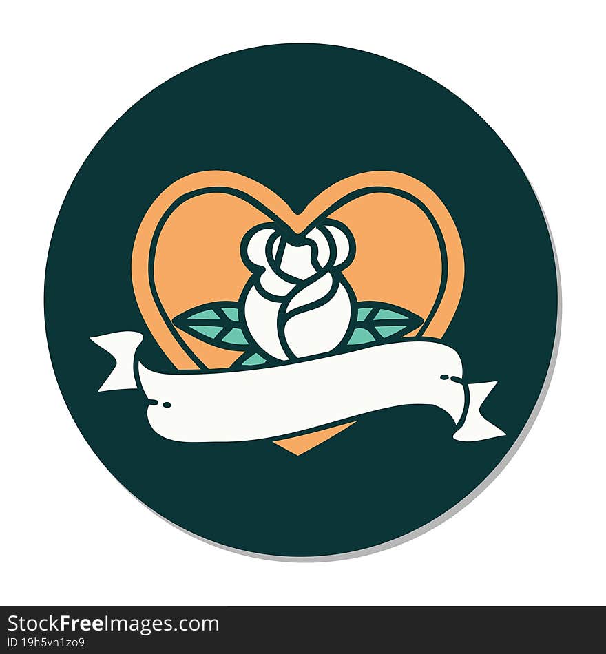 tattoo style sticker of a heart rose and banner