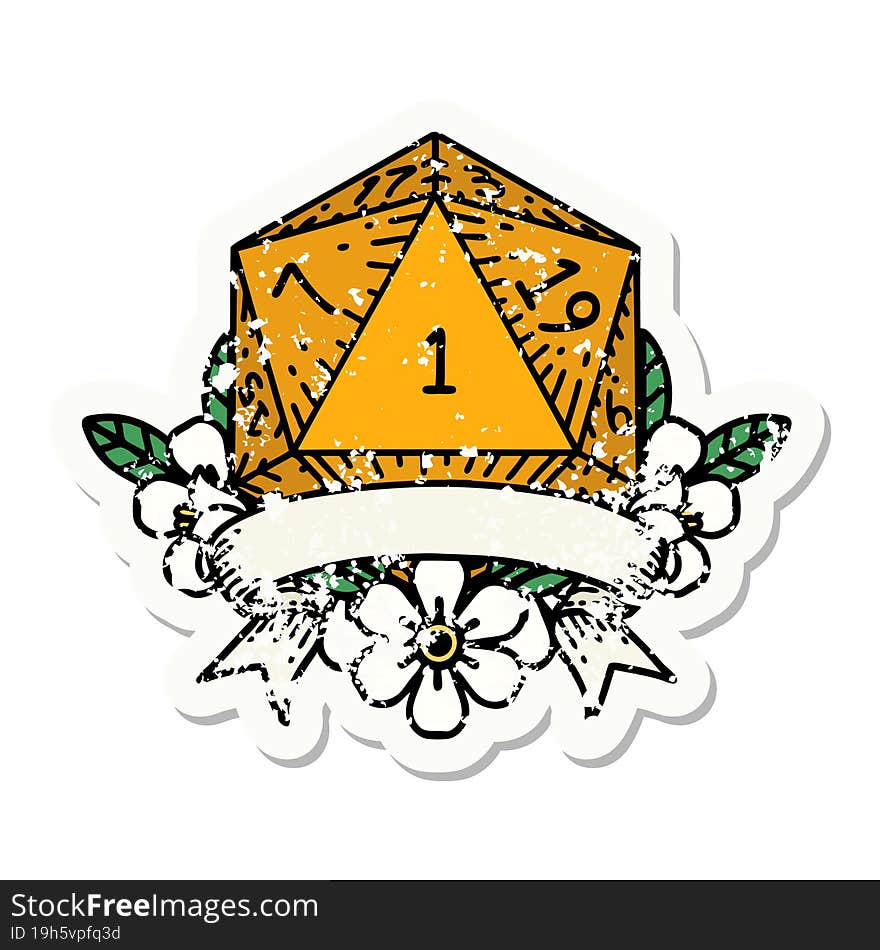 grunge sticker of a natural one d20 dice roll. grunge sticker of a natural one d20 dice roll