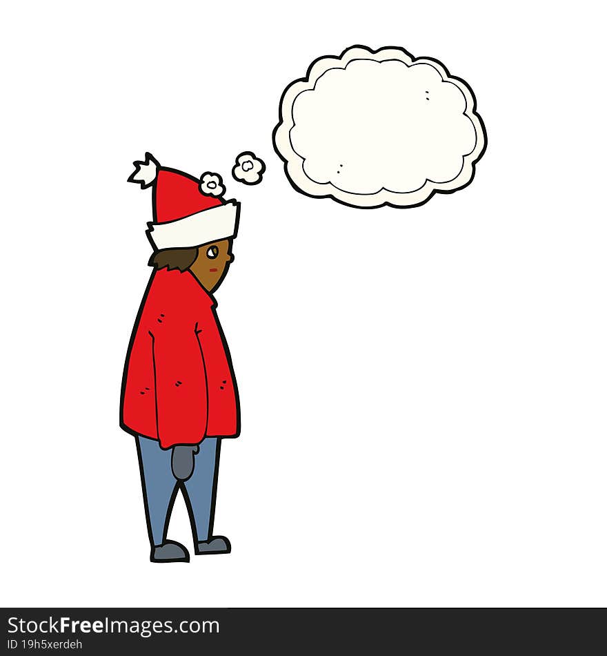 cartoon person in winter clothes with thought bubble