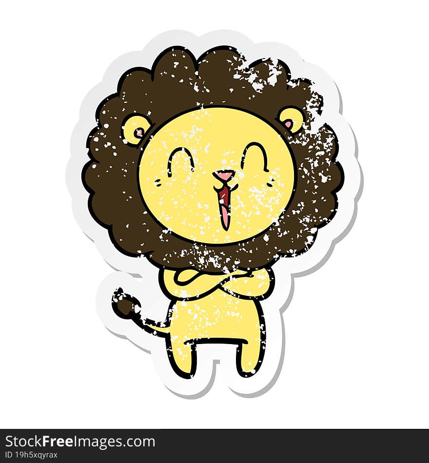 distressed sticker of a laughing lion cartoon