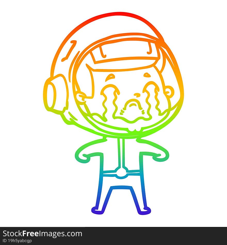 rainbow gradient line drawing of a cartoon crying astronaut