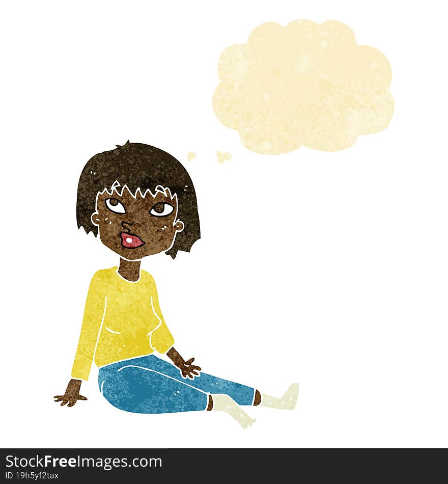 cartoon woman sitting on floor with thought bubble