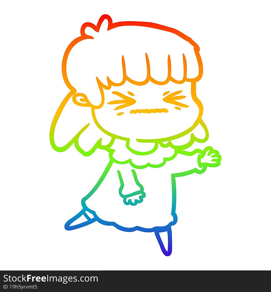 rainbow gradient line drawing of a cartoon angry girl