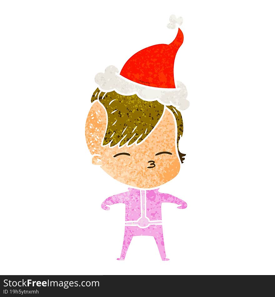 hand drawn retro cartoon of a girl wearing futuristic clothes wearing santa hat