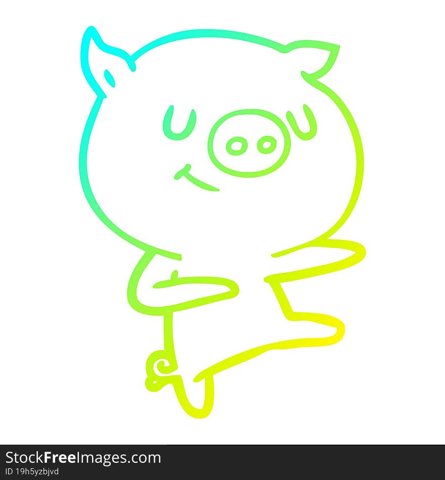 cold gradient line drawing of a happy cartoon pig dancing