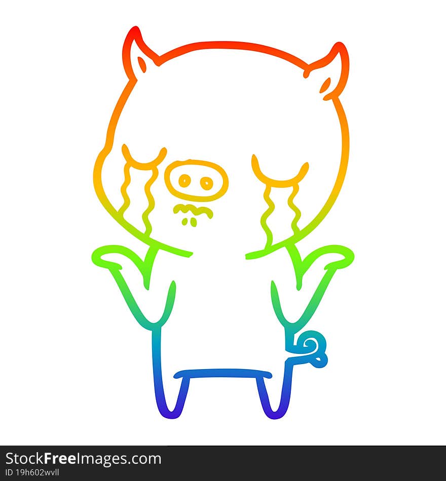 rainbow gradient line drawing of a cartoon pig crying