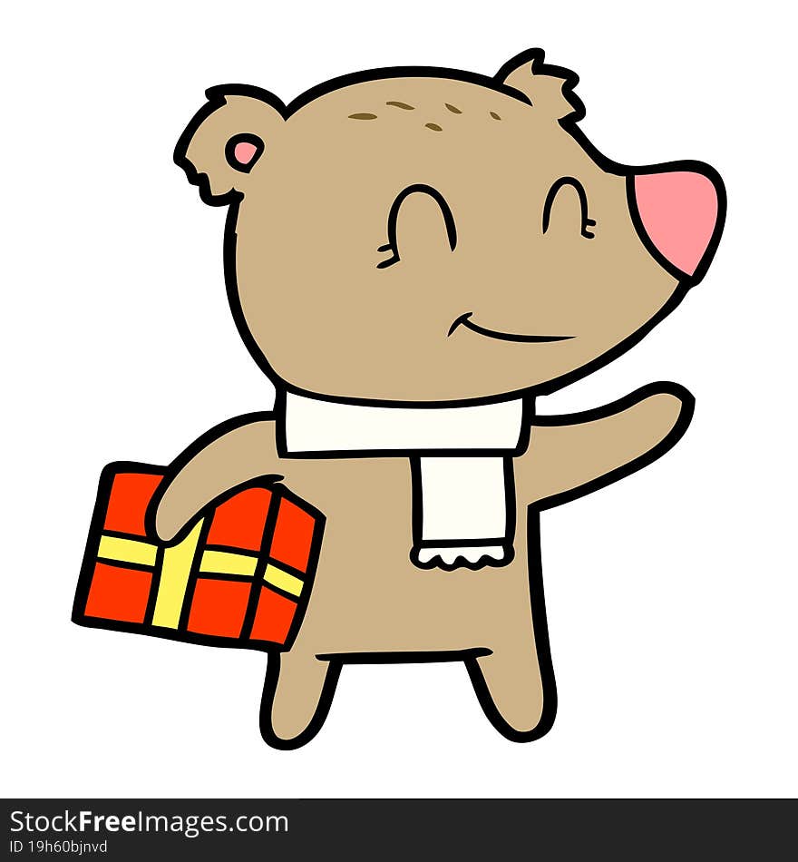 friendly bear with xmas gift and scarf. friendly bear with xmas gift and scarf