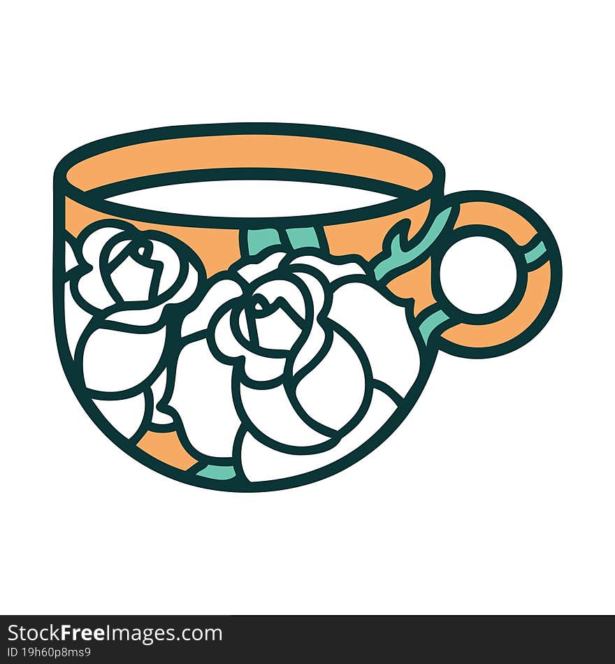 tattoo style icon of a cup and flowers