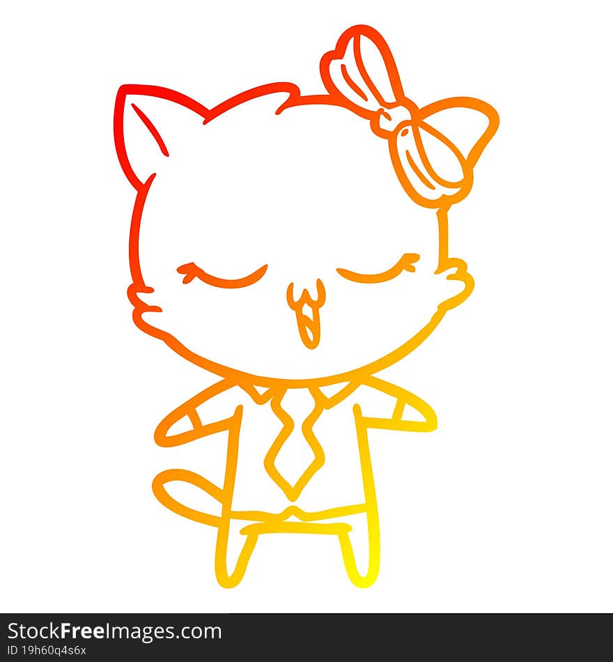 warm gradient line drawing cartoon cat with bow on head