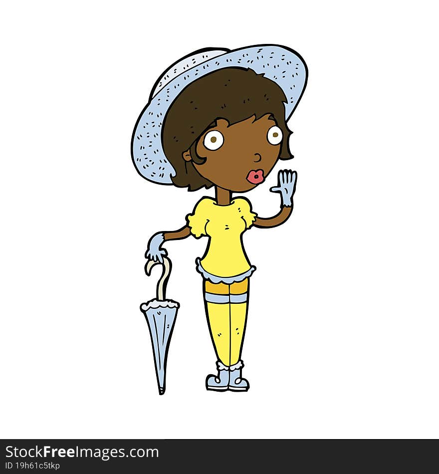 cartoon woman in summer hat waving