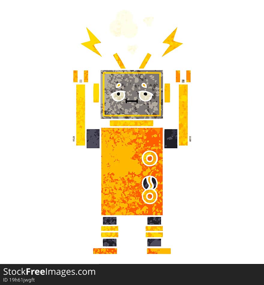 retro illustration style cartoon malfunctioning robot