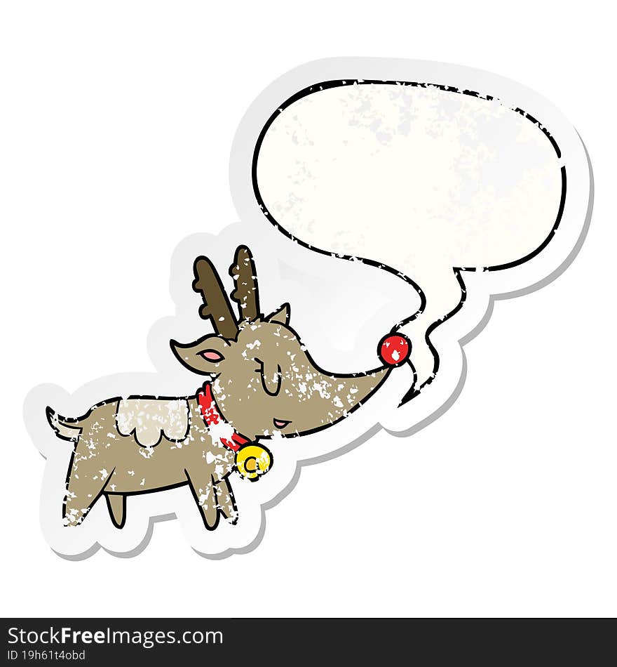 cartoon christmas reindeer and speech bubble distressed sticker