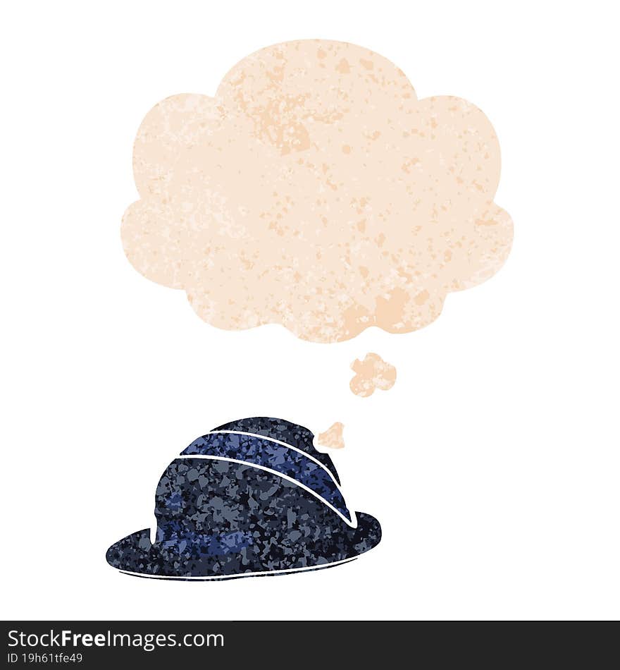 Cartoon Bowler Hat And Thought Bubble In Retro Textured Style