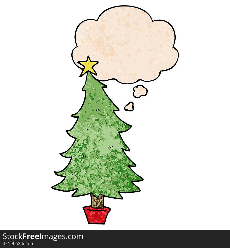 Cartoon Christmas Tree And Thought Bubble In Grunge Texture Pattern Style