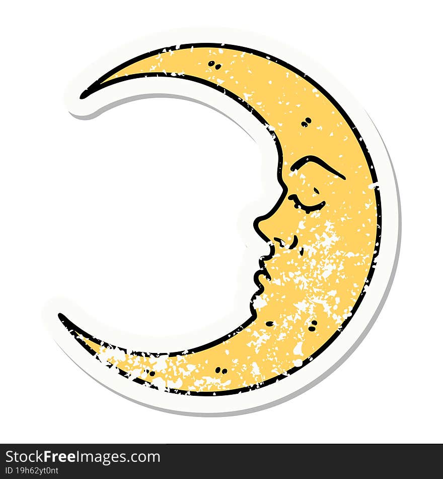 traditional distressed sticker tattoo of a crescent moon