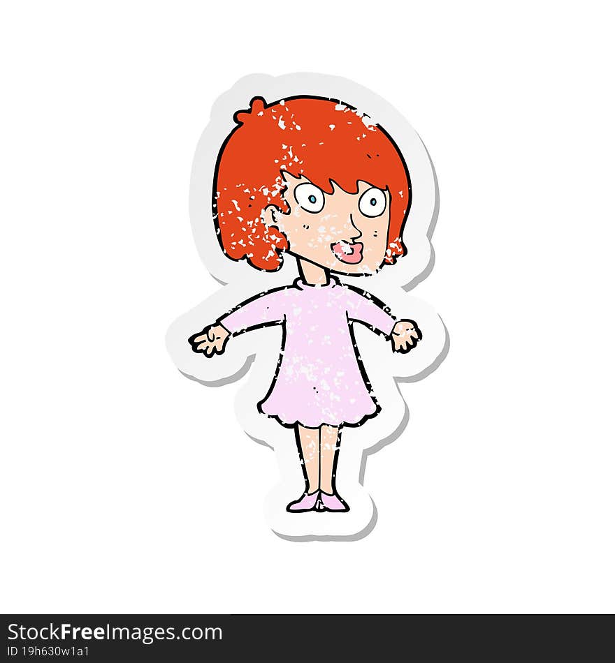 Retro Distressed Sticker Of A Cartoon Woman Wearing Dress