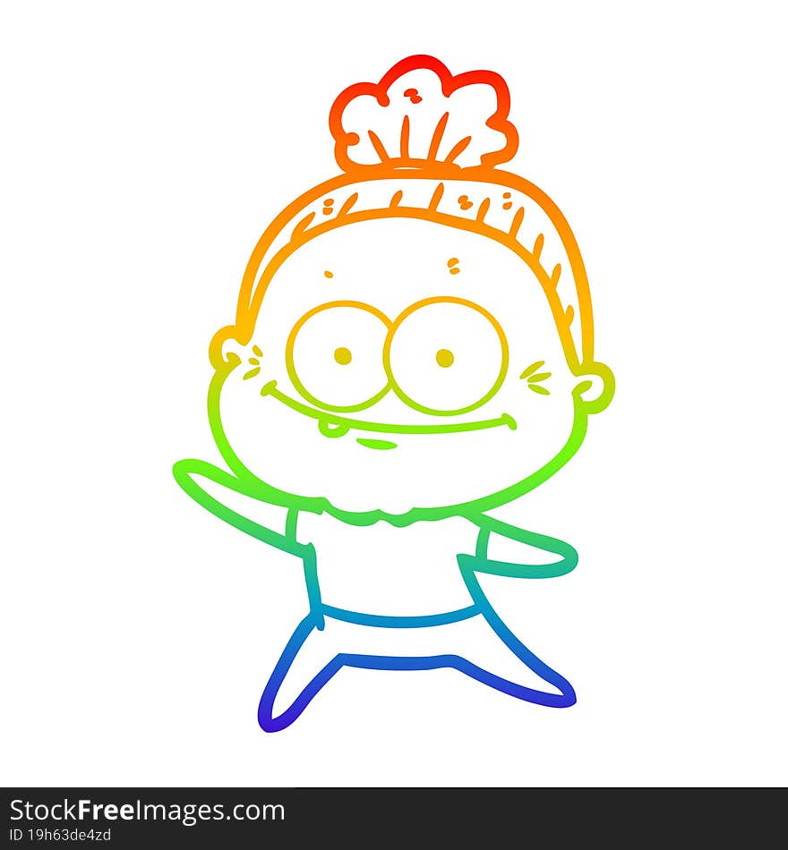 rainbow gradient line drawing of a cartoon happy old woman