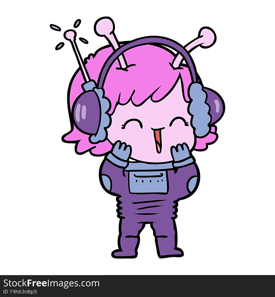 cartoon alien girl listening to music. cartoon alien girl listening to music