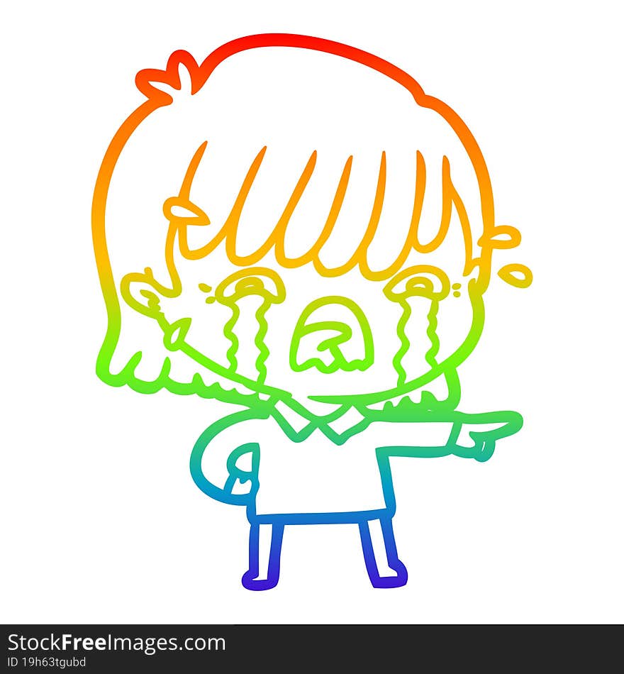 rainbow gradient line drawing of a cartoon girl crying