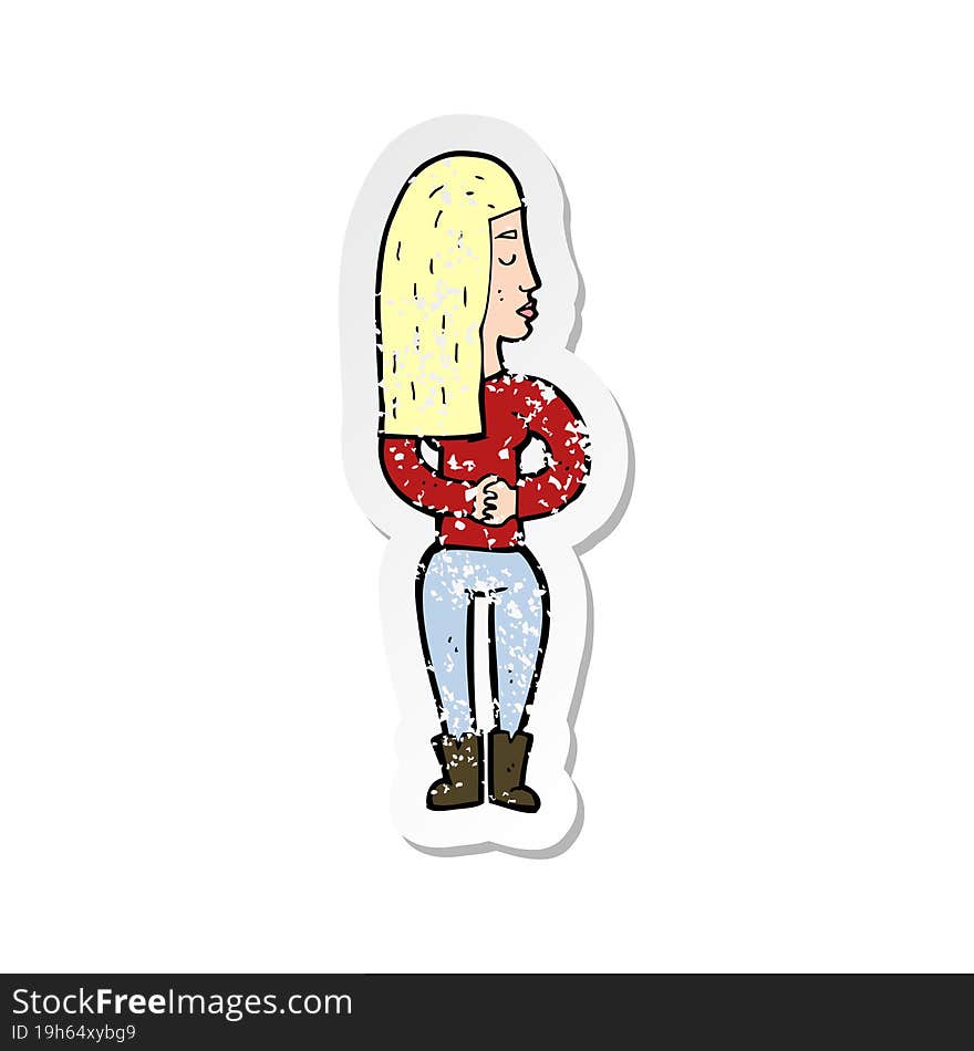 retro distressed sticker of a cartoon woman ignoring