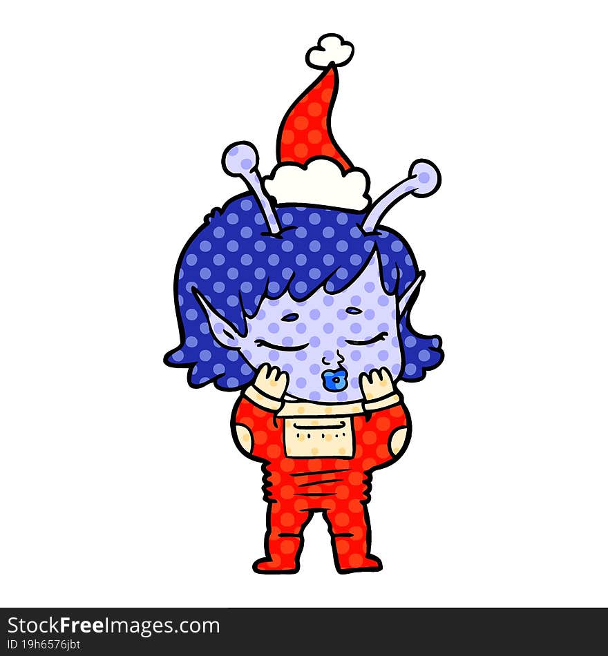 Comic Book Style Illustration Of A Alien Girl Wearing Santa Hat