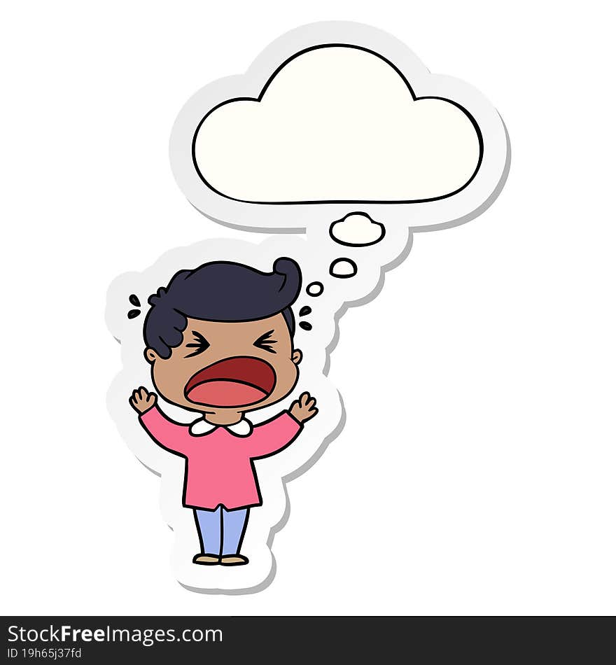 cartoon shouting man with thought bubble as a printed sticker